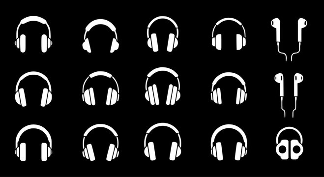 Headphones and Earphones Vector Icons Set. Collection of Audio Listening Devices, Music and Sound Symbols. White on Black Background.