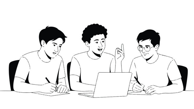 Three men sitting at a table working on a laptop and taking notes