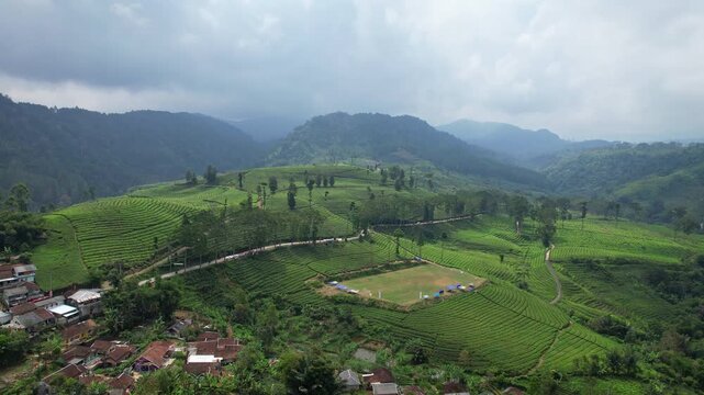 Aerial drone footage of a local football field in the middle of terrace tea plantation valley in Cipelah village, at the beginning of the south Bandung regency, Java island, Indonesia, with mountains