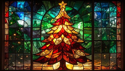 Obraz premium クリスマスツリー型のステンドグラス 陽の光でキラキラ輝く