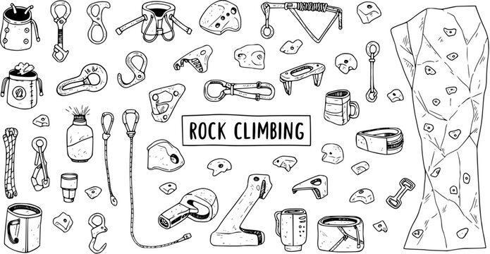 Hand-drawn doodle set of rock climbing gear: chalk bags, ropes, carabiners, belay devices, and holds.