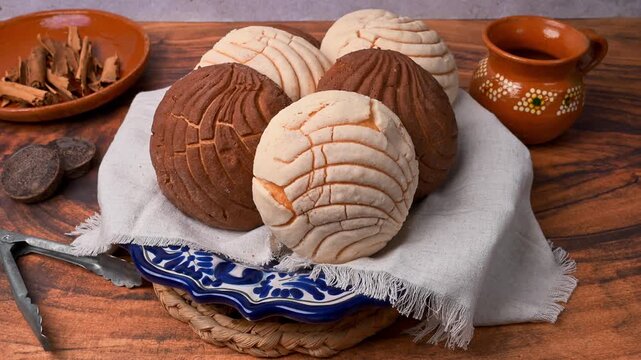 Traditional Mexican sweet bread known as Conchas on blue talavera plate