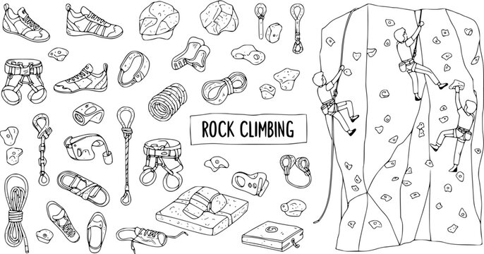 Rock Climbing Gear and Equipment Doodle Set with Climbers on Wall - Line Art Vector Illustration