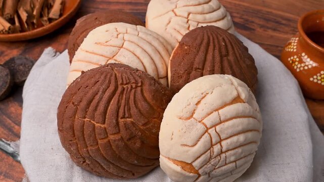 Traditional Mexican sweet bread known as Conchas, aerial view