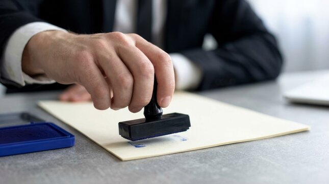 Close-up of a hand in a suit stamping a document with a blue ink stamp in an office setting.