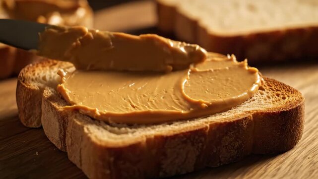 Satisfying close up cooking video showing delicious breakfast food preparation spreading creamy peanut butter on warm piece of toast