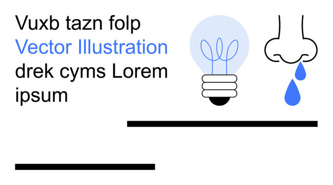 Creativity, health, innovation, problem-solving, abstract concepts, graphic design. Minimalist layout with a lightbulb, nose with droplet and arbitrary text. Creativity and health-related concept