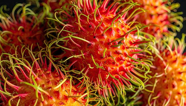 Close-up of spiky, vibrant red and green exotic fruits with a dark background