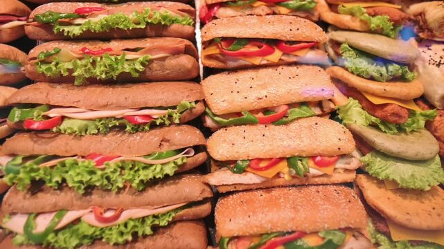 Neon Lit Sandwich Display At Market Rows Of Toasted Rolls Layered With Greens, Peppers And Sliced Meats Close Framing Highlights Crust Texture, Takeaway Potential, Urban Night Mood