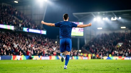 Naklejka premium Soccer player celebrating goal under stadium lights with crowd