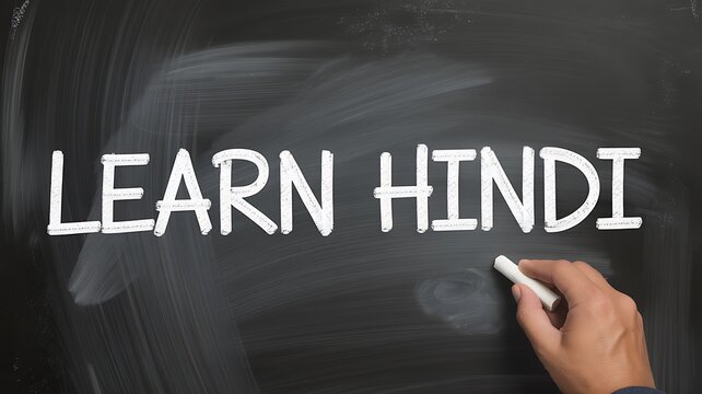 Learn hindi text written on chalkboard with hand holding chalk in classroom setting