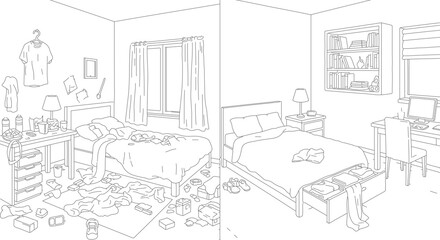 Fototapeta premium Messy versus clean bedroom comparison vector, before and after room organization line art, cluttered and tidy interior living space illustration