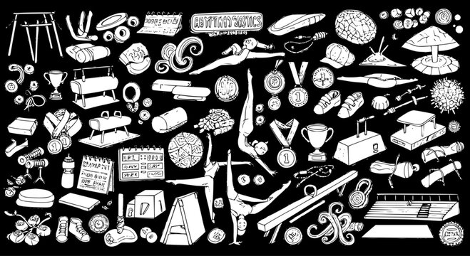 Detailed black and white doodle illustration of gymnastics equipment, apparatus, medals, trophies, and gymnasts in various poses, representing the sport.