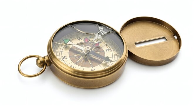 Broken Antique Brass Compass on White