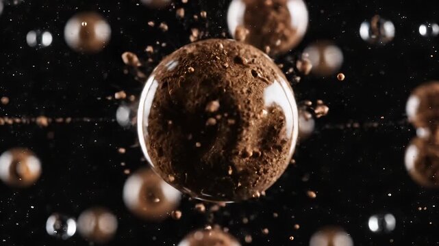Abstract floating bubbles with coffee and metallic textures on black