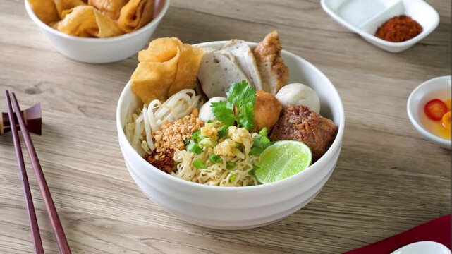 dry Chinese yellow noodles with bean sprout topping pork meatball 