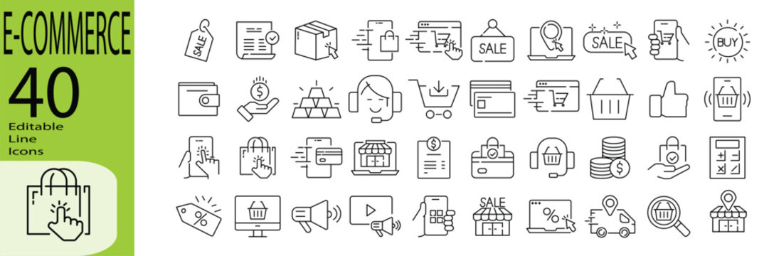 E Commerce icon set. Editable stroke.