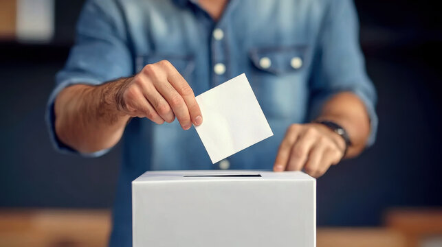 man putting voting paper into ballot box
