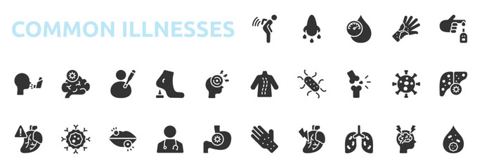 Obraz premium Common Illnesses icon set glyph style with backache, sinusitis, hypertension, rash, diabetes, scoliosis, e coli, osteoporosis icons