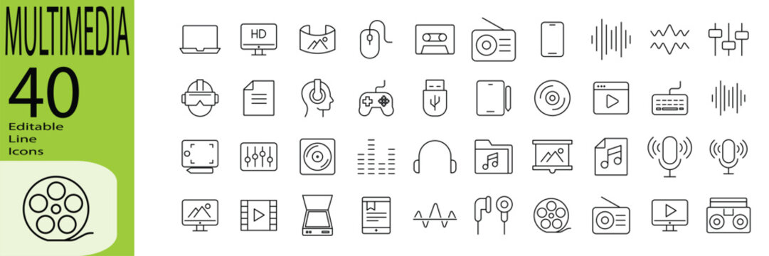 Multimedia icon set. Editable stroke.