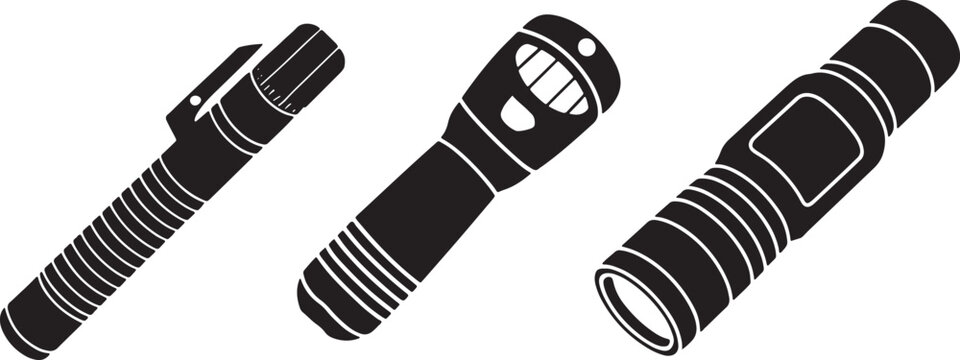 Set of three portable handheld LED flashlights or tactical torches vector graphic illustration