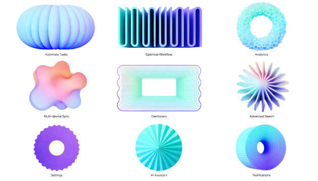Premium 3D SaaS dashboard icon set with charts, UI panels and analytics elements. Transparent background, ideal for software landing pages, product mockups and business presentations.