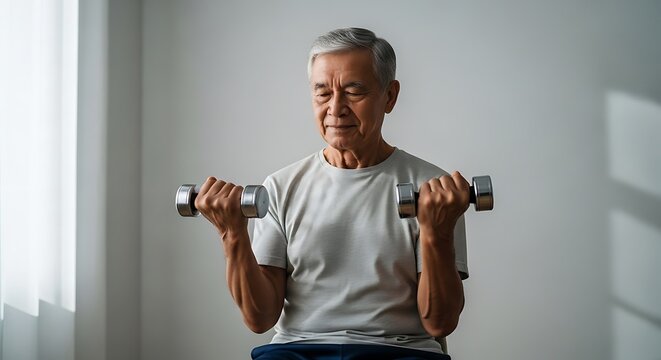 Senior man lifting dumbbells at home for fitness training