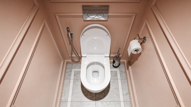 Top view of modern toilet bowl with bidet shower, toilet paper holder and brush in minimal bathroom interior. Clean sanitation, hygiene and plumbing concept.