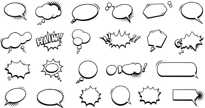 Comic Speech Bubbles Vector Set: Black  White Cartoon Style Dialogue Balloons  Thought Clouds for Superhero Design Elements