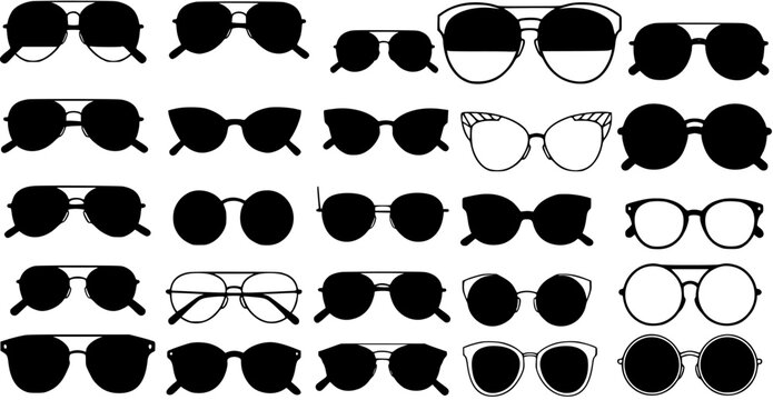 Set of Various Modern and Classic Sunglasses and Eyeglasses Designs, Black Silhouettes and Outline Frames, Diverse Eyewear Collection for Fashion and Optical Needs