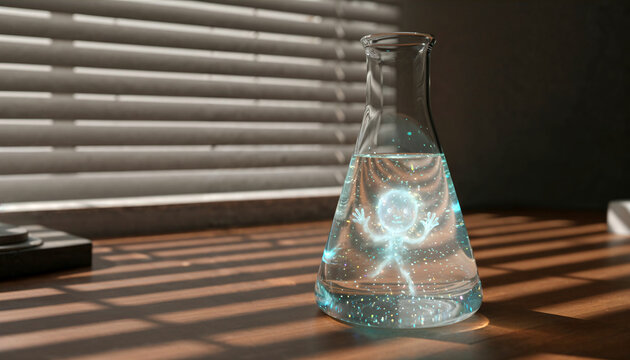 live organism forming in organic solution in Erlenmeyer flask on table