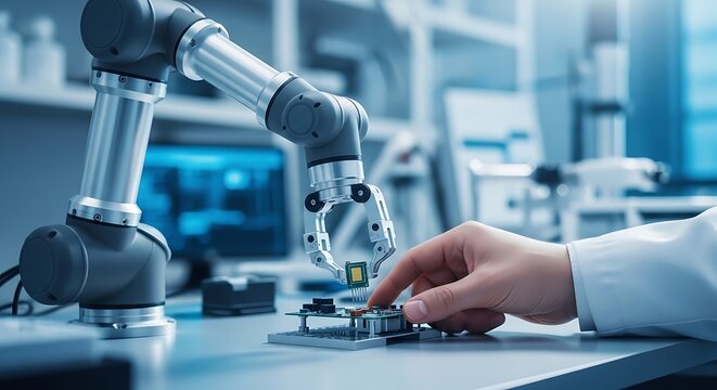 Human hand guiding robotic arm in high-tech lab setting