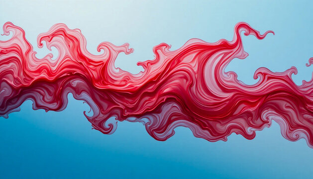 Vibrant red liquid swirls and flames dancing against a soft blue gradient background in an abstract flow
