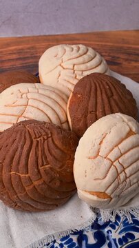 Mexican food, traditional Mexican sweet bread known as Conchas, aerial view
