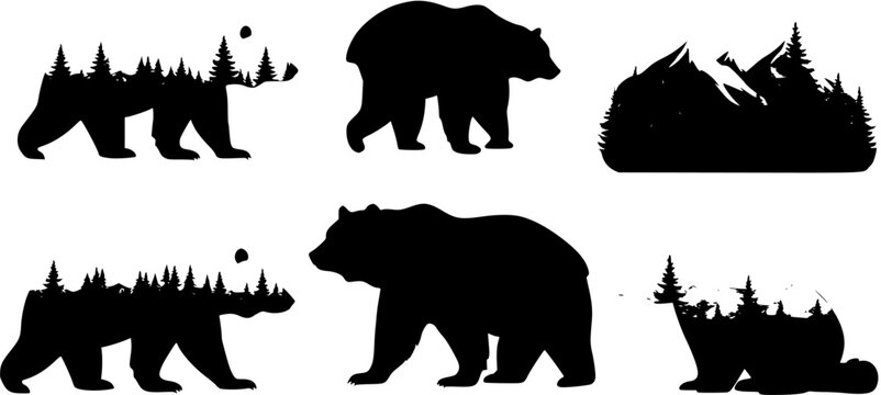 Wildlife Silhouette Collection: Bears, Mountains, and Forests in Vector Art