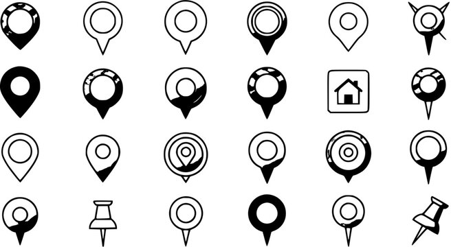 Hand Drawn Grunge Map Pin Icons Set. Black and White Location Markers, Pointers, Thumbtacks, and Home Symbol. Vector Collection for Navigation and UI Design.