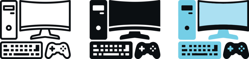 Vector icons display desktop computer setups including monitor keyboard and gamepad controllers variations © Realmotion