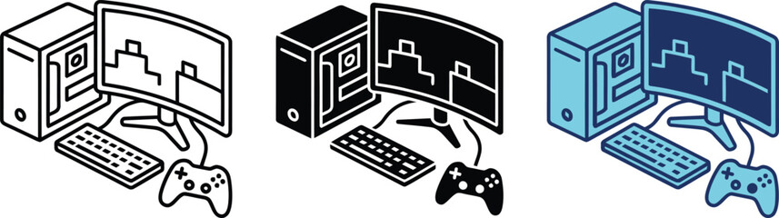 Isometric gaming computer setup icons showing a monitor keyboard and controller in various styles. © Realmotion