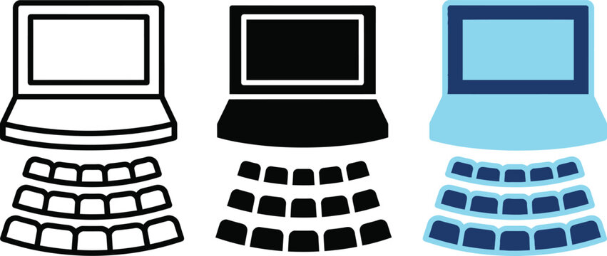 Three stylized icons representing a laptop presentation setup with tiered seating arrangements.