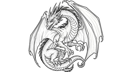 Fototapeta premium Detailed dragon illustration with wings and scales in black and white