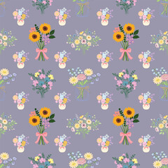 Fototapeta premium Cute Floral Seamless Pattern with Sunflowers Bouquets and Sweet Elements on Pastel Background for Fabric and Kids Design 