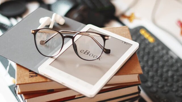 Close up of ebook, glasses and books on desk. Modern workspace with digital devices, education tools, cozy lifestyle concept studying and productivity. Compact and portable many works in one device.