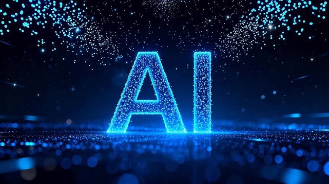 AI text in glowing blue against starry background
