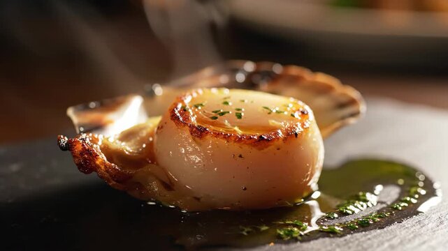 Delicious gourmet food, close up on art of cooking fresh seafood. steaming hot seared scallop appetizer in its elegant shell