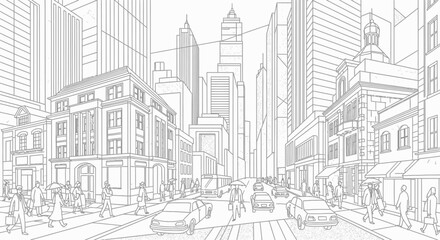 Fototapeta premium Urban street scene illustration with buildings and vehicles in grayscale