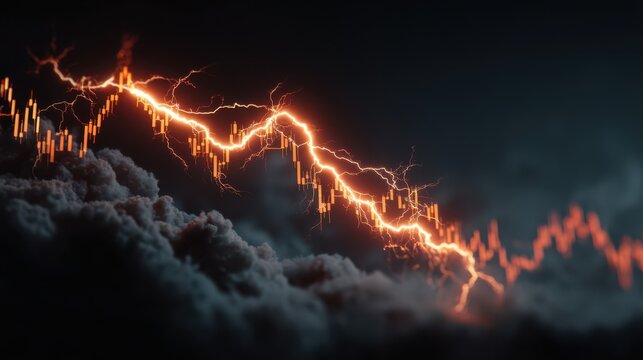 A glowing, electrified stock market chart with fiery lightning bolts slices through dark stormy clouds, symbolizing financial volatility and market turbulence.