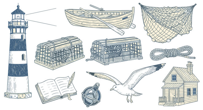 Nautical illustration collection: lighthouse boat net house rope bird traps book compass