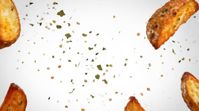 Slow motion burst of seasoned potato wedges and herbs over white