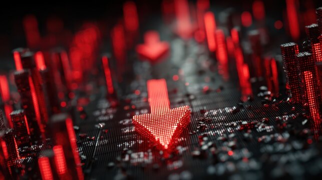 Red downward arrows on a digital circuit board represent a decline or drop in data, stock, or technology metrics against a dark background.