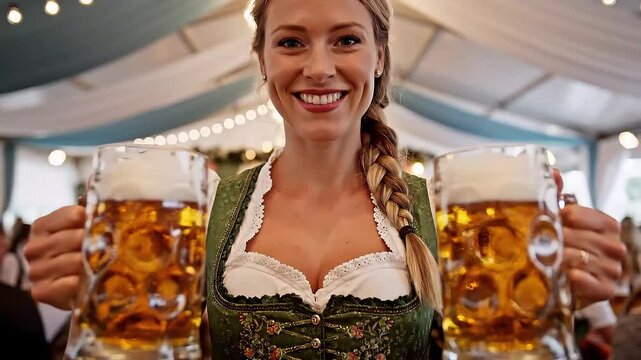 Smiling woman in traditional dirndl holding beer mugs at Oktoberfest